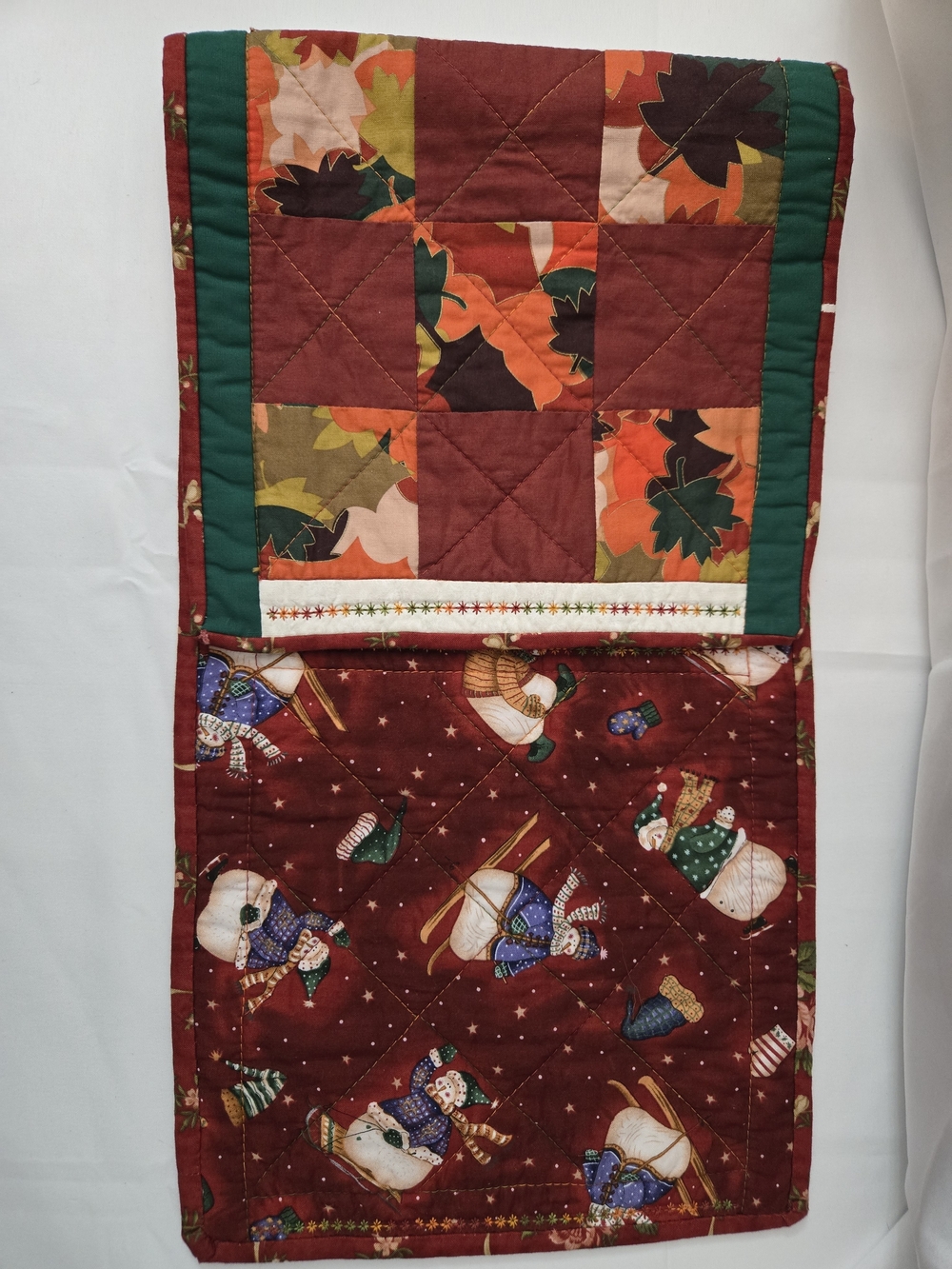 Source Unknown Burgundy and Green Quilted Holiday Table Runner